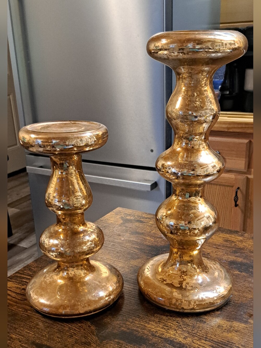 Set Of 2 West Elm Gold Speckled Mercury Glass Orb Pedestal Pillar  Candleholders